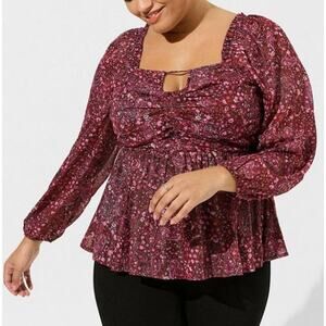 Torrid NWOT Pink Floral Paisley Peplum Shirred Keyhole Smocked Ruffle Blouse